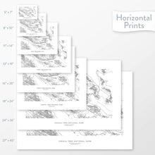 Load image into Gallery viewer, Available sizes for Joshua Tree National Park topographic maps. 5x7, 8x10, 11x14, 16x20, 18x24, 24x36, and 27x40 posters shown. as black and white prints on a gray background.