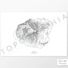 Load image into Gallery viewer, Horizontal custom topo map print of Kauai, Hawai'i. Contour lines show the mountain and island topography of the area.