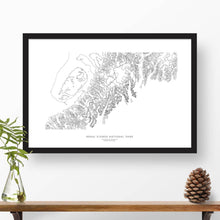 Load image into Gallery viewer, Framed black and white print of Kenai Fjords National Park topography art. Text can be added to create a custom map poster as a travel gift.