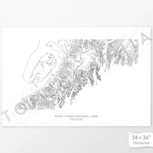 Load image into Gallery viewer, Horizontal custom topo map print of Kenai Fjords National Park. Contour lines show the steep topography of the area. National Park artwork.
