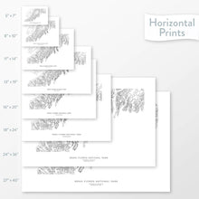 Load image into Gallery viewer, National park art of Kenai Fjords. Map wall decor is available in multiple sizes: 5x7, 8x10, 11x14, 16x20, 18x24, 24x36, and 27x40.