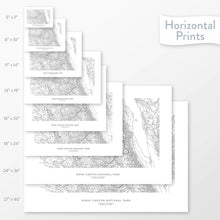 Load image into Gallery viewer, All sizes of horizontal prints for Kings Canyon National Park poster with topographic map.