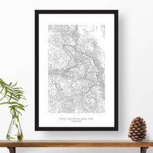 Load image into Gallery viewer, Kings Canyon National Park topographic map poster, 24 inches by 36 inches, in a vertical orientation, with a black solid wood ready-to-hang frame.
