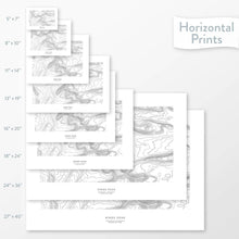 Load image into Gallery viewer, Decorative maps in many sizes of Kings Peak, Utah topography: 5x7, 8x10, 11x14, 16x20, 18x24, 24x36, and 27x40.