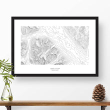 Load image into Gallery viewer, Framed travel art of Lake Louise, Banff National Park, Alberta, Canada featuring topography map art in black and white.