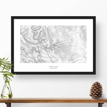 Load image into Gallery viewer, Framed black and white print of Longs Peak, Colorado with topography art.