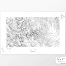 Load image into Gallery viewer, Example topographic map print of Longs Peak, Colorado. Art uses horizontal orientation. Print shows landscape of the area using contour lines. On the artwork is a title and concise info of location and elevation.