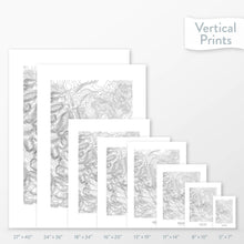 Load image into Gallery viewer, Side-by-side comparison of 8 dimension options for adventure travel art. Prints are decorative topographic maps of Longs Peak, Colorado.