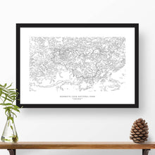 Load image into Gallery viewer, Framed travel art of Mammoth Cave National Park, featuring topography map art in black and white.