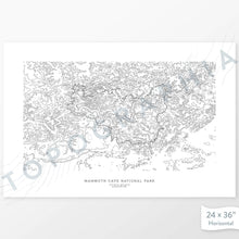 Load image into Gallery viewer, Example topographic map print of Mammoth Cave National Park. Art uses horizontal orientation. Print shows landscape of the area using contour lines. On the artwork is a title and concise info of location and elevation.