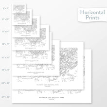 Load image into Gallery viewer, National park art of Mammoth Cave. Map wall decor is available in multiple sizes: 5x7, 8x10, 11x14, 16x20, 18x24, 24x36, and 27x40.