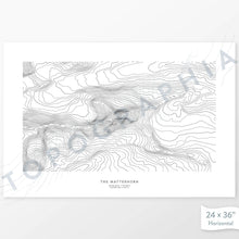 Load image into Gallery viewer, Mountain art print of the Matterhorn in Switzerland with a topographic map. Black contour lines on a white background.