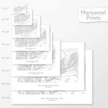 Load image into Gallery viewer, All sizes of horizontal prints for Mesa Verde National Park poster with topographic map.