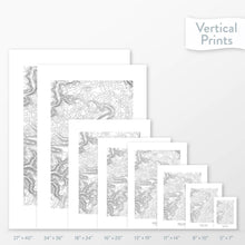 Load image into Gallery viewer, Available sizes for Mount Davis, Pennsylvania topographic maps. 5x7, 8x10, 11x14, 16x20, 18x24, 24x36, and 27x40 posters shown. as black and white prints on a gray background.
