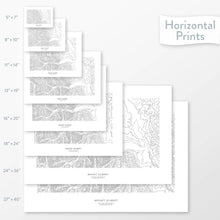 Load image into Gallery viewer, All sizes of horizontal prints for Mount Elbert, Colorado poster with topographic map.