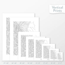 Load image into Gallery viewer, Side-by-side comparison of 8 dimension options for adventure travel art. Prints are decorative topographic maps of Mount Elbert, Colorado.