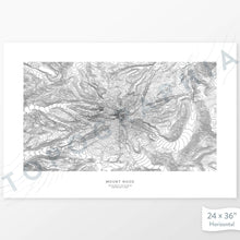 Load image into Gallery viewer, Horizontal custom topo map print of Mount Hood, Oregon. Contour lines show the mountain topography of the area. Mountain elevation artwork