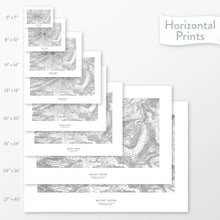 Load image into Gallery viewer, Mountain art of Mount Hood, Oregon. Map wall decor is available in multiple sizes: 5x7, 8x10, 11x14, 16x20, 18x24, 24x36, and 27x40.
