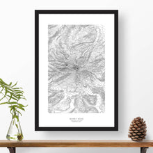Load image into Gallery viewer, Mount Hood, Oregon topographic map poster, 24 inches by 36 inches, in a vertical orientation, with a black solid wood ready-to-hang frame.