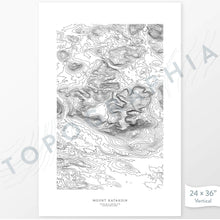 Load image into Gallery viewer, Example art map print of Mount Katahdin, Maine. Art uses verticle orientation. Print shows landscape of the area using elevation data. On the artwork is a title and concise info of location and elevation. Custom map decor