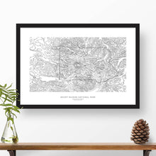 Load image into Gallery viewer, Framed black and white print of Mount Rainier National Park topography art. Text can be added to create a custom map poster as a travel gift.