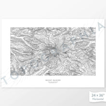 Load image into Gallery viewer, Horizontal custom topo map print of Mount Rainier. Contour lines show the steep mountain topography of the area.