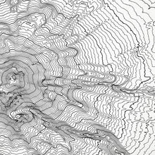 Load image into Gallery viewer, Close-up of black labels and contour lines for Mount Shasta, California poster with map art.