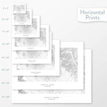 Load image into Gallery viewer, All sizes of horizontal prints for Mount St. Helens, Washington poster with topographic map.