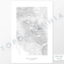 Load image into Gallery viewer, Example art map print of Mount Timpanogos, Utah. Art uses verticle orientation. Print shows landscape of the area using elevation data. On the artwork is a title and concise info of location and elevation. Custom map decor
