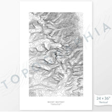 Load image into Gallery viewer, Mount Whitney, California poster with black and white contour lines to represent topography