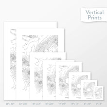 Load image into Gallery viewer, Side-by-side comparison of 8 dimension options for adventure travel art. Prints are decorative topographic maps of Ngorongoro Conservation Area, Tanzania.