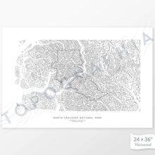 Load image into Gallery viewer, National Park print of North Cascades with a topographic map. Black contour lines on a white background.