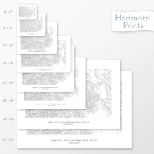 Load image into Gallery viewer, All sizes of horizontal prints for Park City Ski Areas (Deer Valley, Solitude, Brighton, Snowbird, Alta) poster with topographic map.