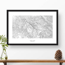 Load image into Gallery viewer, Framed black and white print of Pikes Peak, Colorado with topography art.