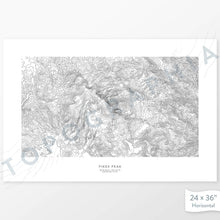Load image into Gallery viewer, Example topographic map print of Pikes Peak, Colorado. Art uses horizontal orientation. Print shows landscape of the area using contour lines. On the artwork is a title and concise info of location and elevation.