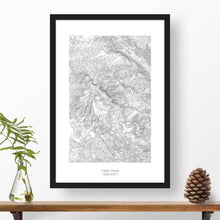 Load image into Gallery viewer, Black and white map and travel art of Pikes Peak, Colorado. Topography contours are in black on a white background. Text below the image can be personalized for a perfect custom map art gift idea.