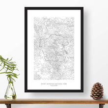 Load image into Gallery viewer, National park print of Rocky Mountain National Park with black and white topography in a black 24x36 vertical frame.