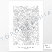 Load image into Gallery viewer, Rocky Mountain National Park poster with black and white contour lines to represent topography
