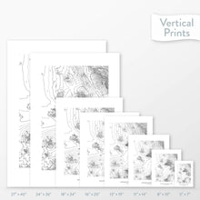 Load image into Gallery viewer, Side-by-side comparison of 8 dimension options for adventure travel art. Prints are decorative topographic maps of Saguaro National Park.