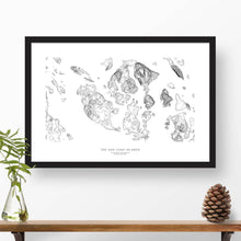 Load image into Gallery viewer, Framed black and white print of San Juan Islands, Washington National Park with topography art.