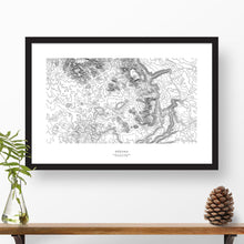 Load image into Gallery viewer, Framed black and white print of Mount Sneffels, Colorado with topography art.