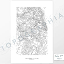 Load image into Gallery viewer, Example art map print of Sequoia National Park. Art uses verticle orientation. Print shows landscape of the area using elevation data. On the artwork is a title and concise info of location and elevation. Custom map decor