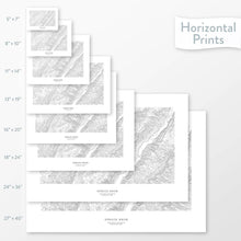 Load image into Gallery viewer, Decorative maps in many sizes of Spruce Knob, West Virginia topography: 5x7, 8x10, 11x14, 16x20, 18x24, 24x36, and 27x40.