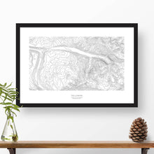 Load image into Gallery viewer, Framed black and white print of Telluride Ski Resort, Colorado with topography art.
