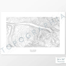 Load image into Gallery viewer, Example topographic map print of Telluride Ski Resort, Colorado. Art uses horizontal orientation. Print shows landscape of the area using contour lines. On the artwork is a title and concise info of location and elevation.