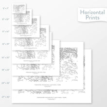 Load image into Gallery viewer, All sizes of horizontal prints for Theodore Roosevelt National Park poster with topographic map.