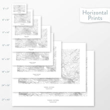 Load image into Gallery viewer, Mountain art of Three Sisters, Oregon. Map wall decor is available in multiple sizes: 5x7, 8x10, 11x14, 16x20, 18x24, 24x36, and 27x40.