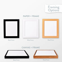Load image into Gallery viewer, Frames for map art. 2 show wood or black frames for map gift ideas. 3 show black, white, and wood frames for paper art prints. 2 are framed canvas prints.