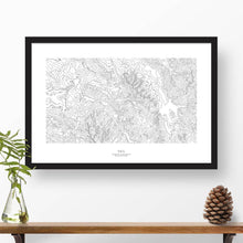 Load image into Gallery viewer, Framed black and white print of Vail, Colorado topography art. Text can be added to create a custom map poster as a travel gift.