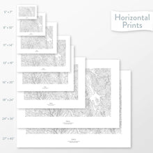 Load image into Gallery viewer, Available sizes for Vail Ski Resort, Colorado topographic maps. 5x7, 8x10, 11x14, 16x20, 18x24, 24x36, and 27x40 posters shown. as black and white prints on a gray background.